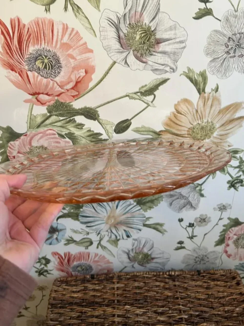 Vintage Blush Pink Pressed Glass Starburst Platter Decorative Round Tray